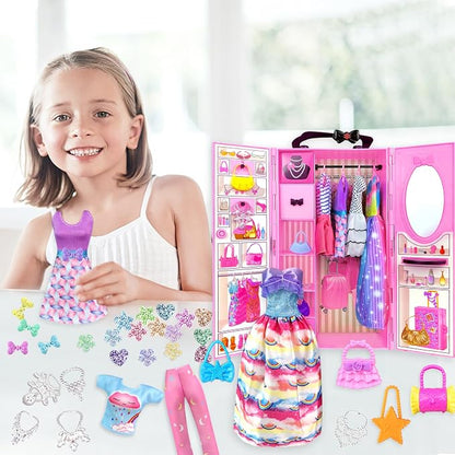 82PCS Doll Clothes and Accessories with Closet for 11.5 Inch Doll - Fashion Design Set Including Wedding Dress Fashion Dresses Outfits Tops and Pants Hangers Bags for Girls