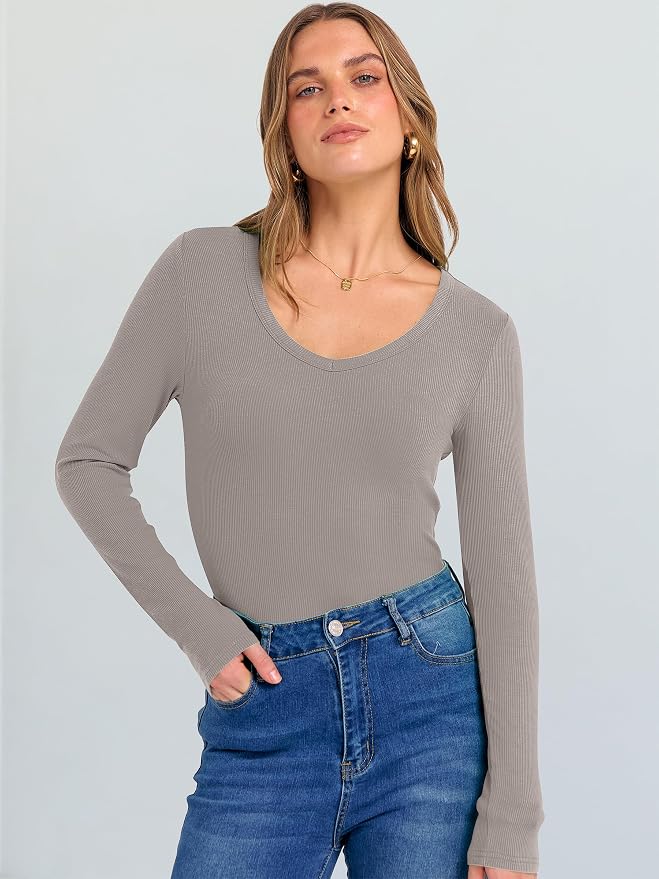 ANRABESS Long Sleeve V Neck Shirts for Women | Soft Comfy Ribbed Knit Fitted Tshirts, Casual Going Out Tops, 2026 Trendy Basic, Fall Winter Underscrub Layering Clothes