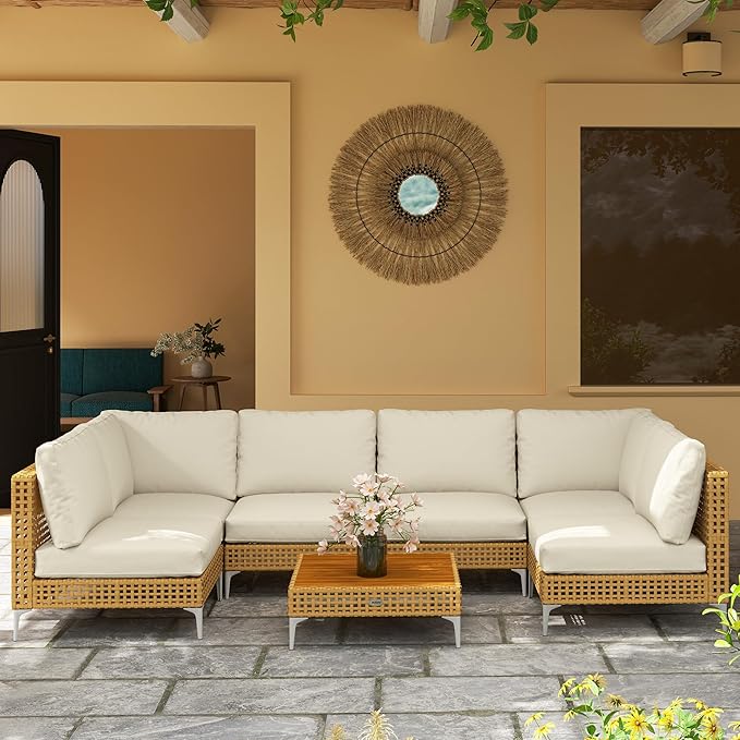 Outsunny 7 Piece Wicker Patio Furniture Set, Modular Outdoor Sectional with Thickened Cushions, Rattan Outdoor Furniture Conversation Set with Slatted Acacia Wood Table for Backyard, Khaki/Beige