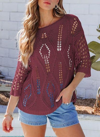 EVALESS Womens Crochet Hollow Out Knit Tops Half Sleeve Spring Summer Sweaters Beach Cover Ups for Women Trendy 2026