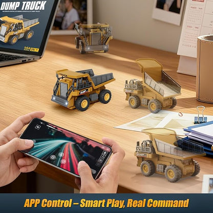1:64 Mini Remote Control Dump Truck Toy, 2.4GHz RC Dump Truck with Metal Bed, LED Light & Music, Variable Speed, Type-C Charging, Includes 4 Road Barriers, Construction Vehicle Gift for Kids & Adults