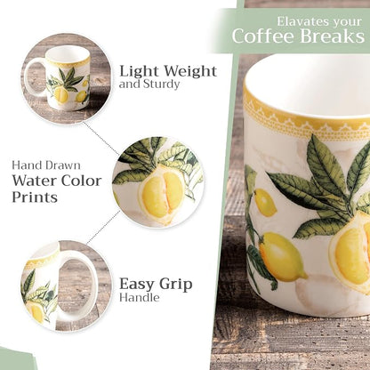 Maison d' Hermine Coffee Mug with Handles Tea Cups (15 Ounce, Pack of 2) | Fine Bone China Coffee Mugs for Hot Beverages Cappuccino Latte Home Restaurant Hotel Spring Summer -Limoncello