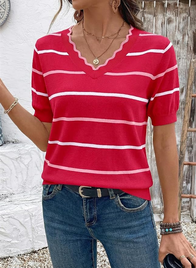 Dokotoo Womens Summer Short Sleeve Knit Tops 2026 Spring Trendy Casual V Neck Striped Sweater Blouses