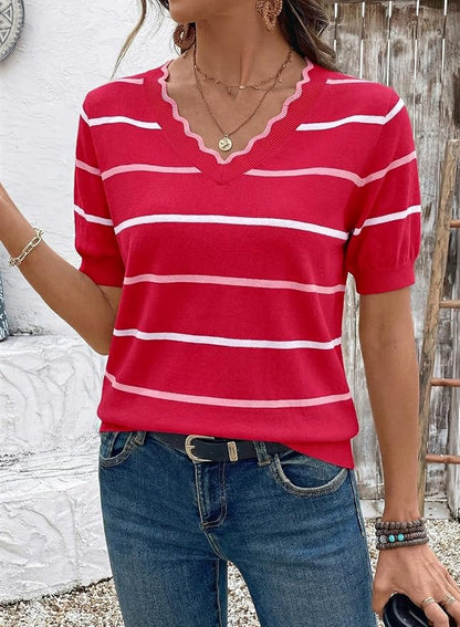Dokotoo Womens Summer Short Sleeve Knit Tops 2026 Spring Trendy Casual V Neck Striped Sweater Blouses