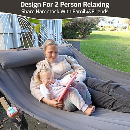 Double Quilted Fabric Hammock with Hardwood Spreader Bars and Pillow 450 LBS Capacity 2 Person Large Hammock for Outdoor Patio Backyard Poolside - Green