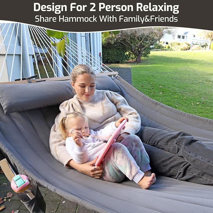 Double Quilted Fabric Hammock with Hardwood Spreader Bars and Pillow 450 LBS Capacity 2 Person Large Hammock for Outdoor Patio Backyard Poolside - Terracotta