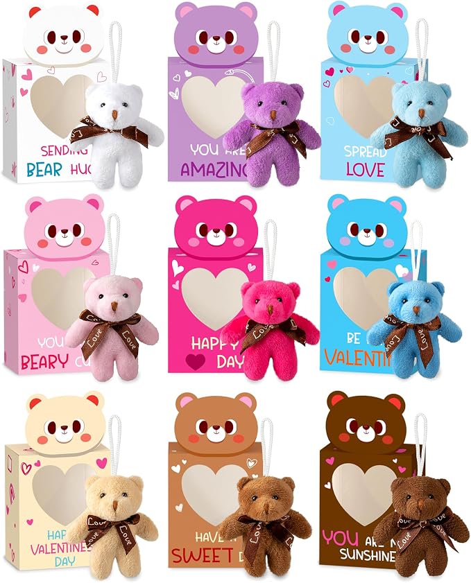 Sofier Valentines Day Gifts for Kids Classroom 27 Pack Valentines Card Boxes with Heart Window Mini Animal Toys Bears Keychains Bulk for Boys Girls Party Favor School Teacher Student