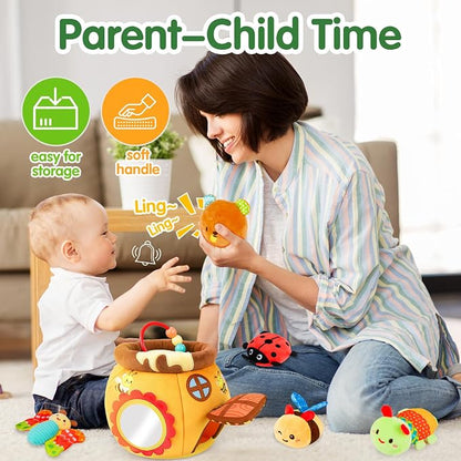 Baby Toys 6-12 Months - Soft Beehive with 5 Stuffed Animals, Rattle, Crinkle, Mirror, Montessori Sensory Toys for Babies 6 7 8 9 10 Month Old Boy Girl 1 Year Old Birthday Shower Gifts Toddler Ages 0-2