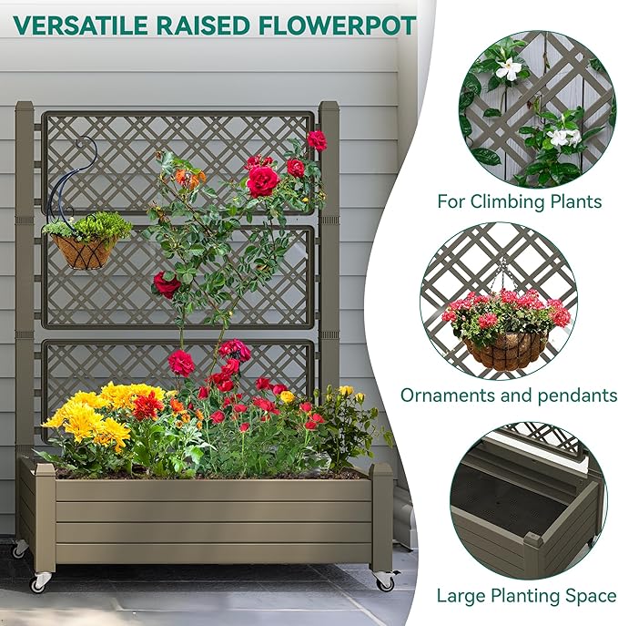 YITAHOME 43.3x17.7x61 in Planter Trellis Box with Wheels & Drain Plug, Outdoor Resin Raised Garden Bed for Climbing Plants, Large Weather-Resistant Design, Light Brown