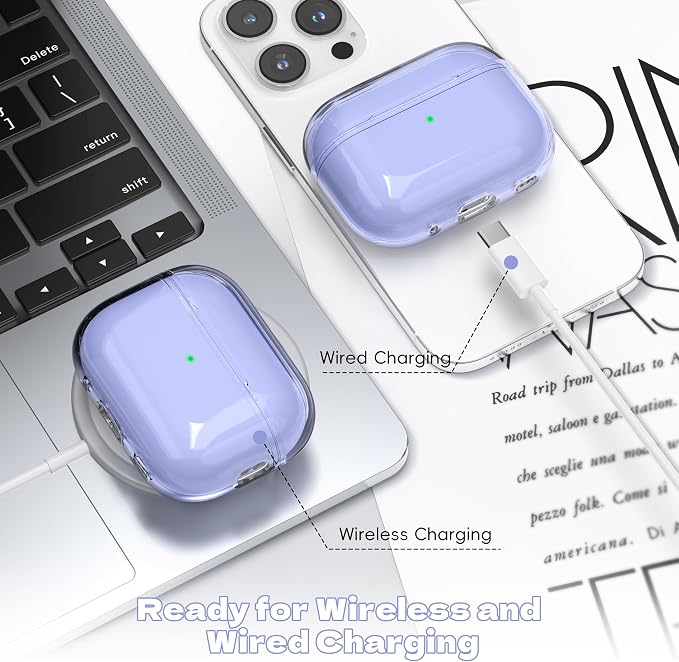 for Airpods Pro 2nd/1st Generation Case Cover, Compatible with Airpods Pro Case 2nd Gen USB C Charging Port, Clear Soft Transparent Military Grade Shockproof Case, Clear Purple