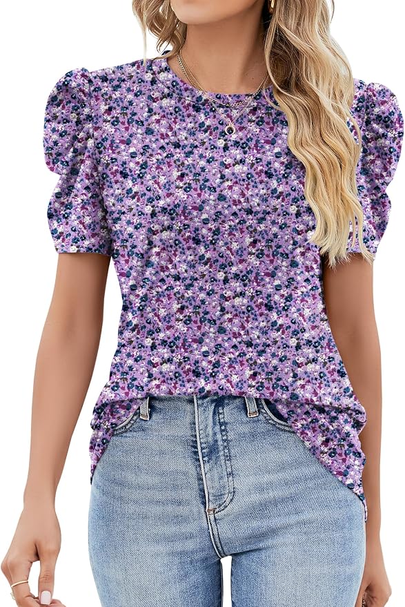 Ivicoer Puff Short Sleeve Shirt for Women Eyelet Tops Summer Crewneck Blouse Loose Fit S-XXL