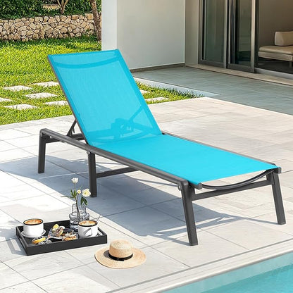 Aluminum Chaise Lounge Chair Outdoor, Foldable & Assembly Free Outdoor Lounge Chair with 5 Position Adjustable Backrest, Patio Pool Lounge Chairs for Outside Poolside Beach Lawn, 1PC, Lake Blue