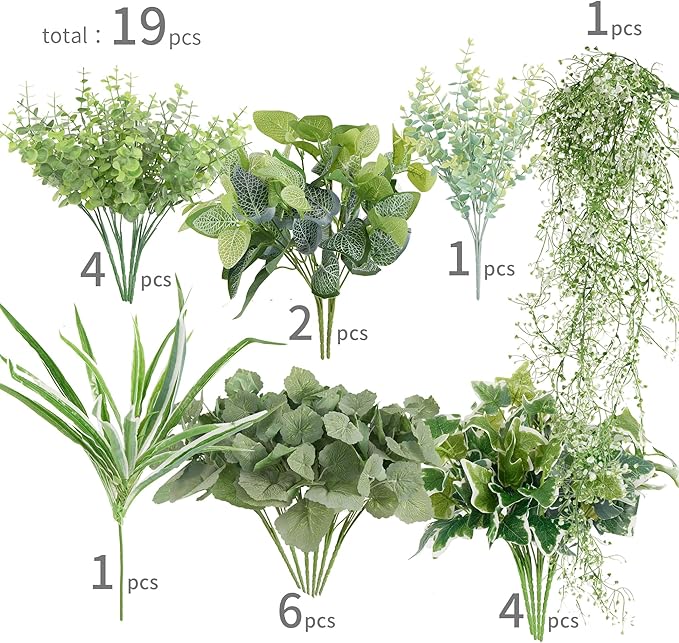 19Pcs Outdoor Artificial Boxwood UV Resistant Fake Stems Plants, Faux Plastic Greenery for Indoor Outside Hanging Plants Garden Porch Window Box Home Wedding Farmhouse Décor