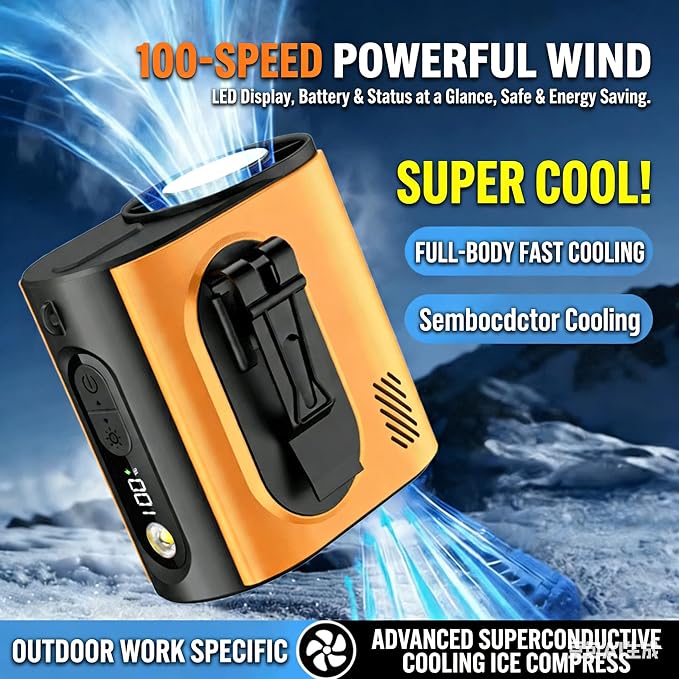 Portable Wearable Waist Iec Fan,with Semiconductor Ice Cooler,10000mAh Rechargeable Clip On Belt Cooling Fan, 100-Speed/16000RPM Personal Body Fans,25H Work Time for Camping, Outdoor, Jobsite（Orange）