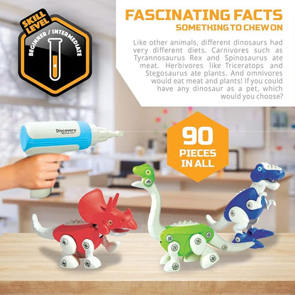 Discovery™ Dinosaur Construction Set, 90-Piece Action Model Build Kit, Kid-Safe Electronic Tools & Screws, Create T-Rex Triceratops, Prehistoric Monster Learning STEM Toy for Paleontologists