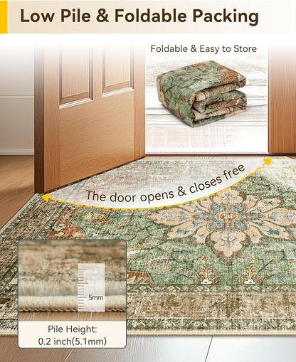 RELEANY Area Rugs Runner 2'x10' Washable Non-Slip, Floral Vintage Distress Medallion Carpet for Kitchen Hallway Bedroom Beside Laundry Room Bathroom, Terracotta Burnt Orange Green