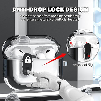 for Airpods Pro 2nd Generation Case with Secure Lock, Compatible with Airpods Pro 2nd/1st Gen, Clear TPU Transparent Military Grade Shockproof Case. Black
