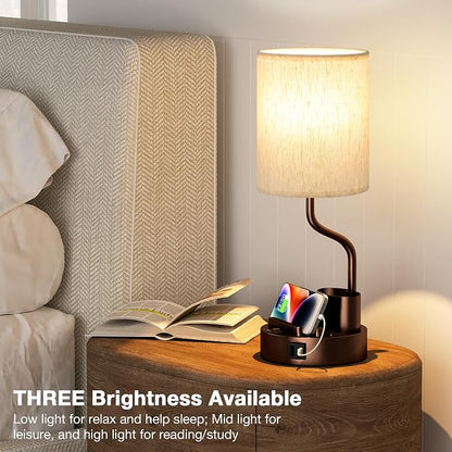 Fenmzee Bedside Lamps for Bedroom Set of 2 - Table Desk Lamp for Nightstand | 15" Table Lamp for Living Room with Pen Holder & Phone Stand, USB A+C Port, AC Outlet, 3 Color Temperature, LED Bulb Included