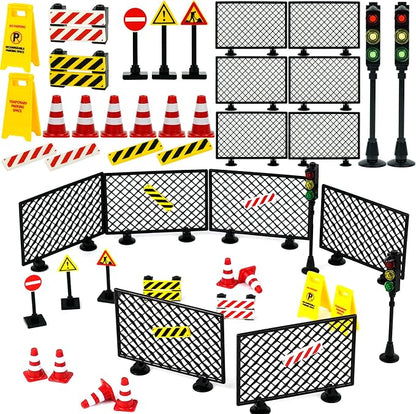City Road Signs Bricks Accessories, Construction Site Street Signs, Mini Traffic Cones & Crosswalk Signal Toys for Kids Building Blocks Toys for Boys Girls