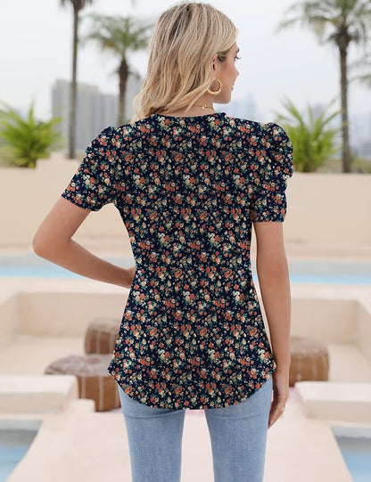 Ivicoer Puff Short Sleeve Shirt for Women Eyelet Tops Summer Crewneck Blouse Loose Fit S-XXL