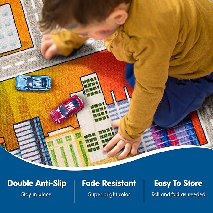Booooom Jackson Kids Carpet Playmat Rug with 18 Toy Cars Kids Rug for Age 3+ Colorful Non Slip City Rug for Kids Track Rug Play Mat Playroom Bedroom Classroom Nursery Rug