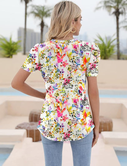 Ivicoer Puff Short Sleeve Shirt for Women Eyelet Tops Summer Crewneck Blouse Loose Fit S-XXL