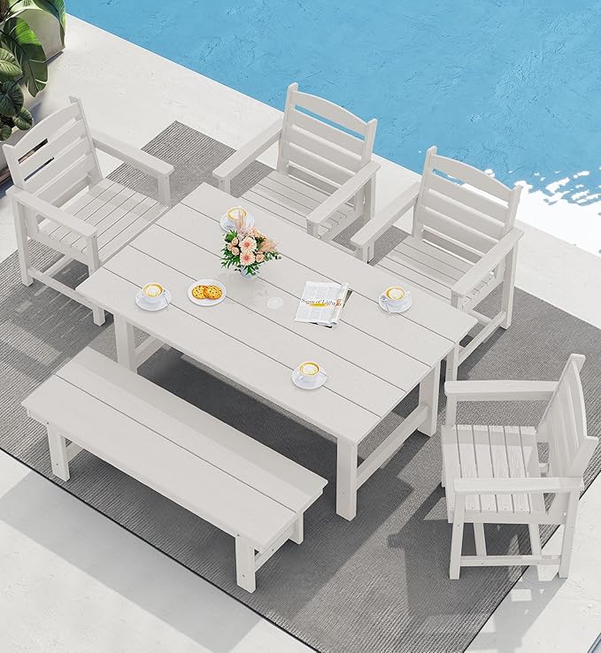 SERWALL Outdoor Dining Set for 6, HDPE Dining Furniture Set with Umbrella Hole Cut-Out Table and 1 Dining Bench and 4 Chairs, All Weather Outdoor Dining Bench Sets, White