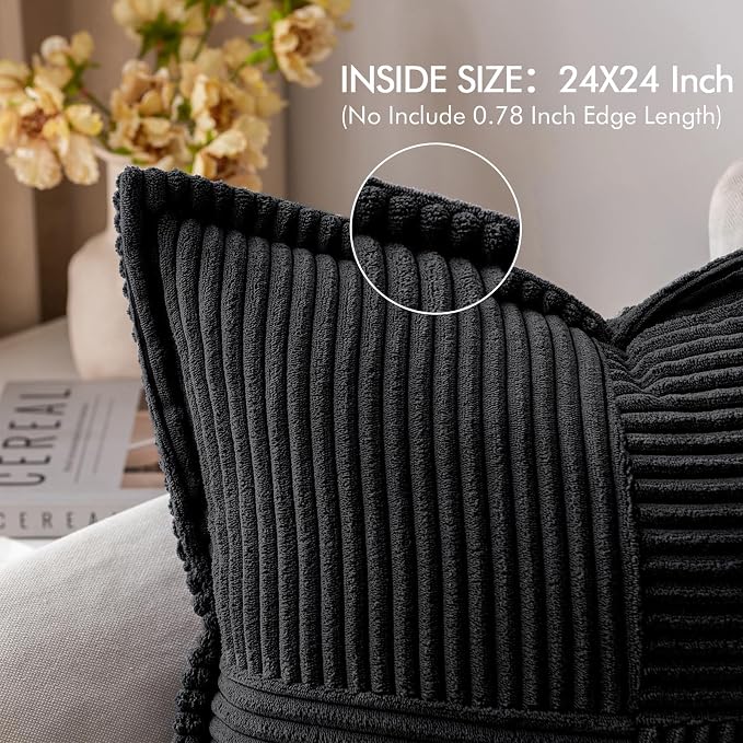 MIULEE Black Corduroy Decorative Euro Sham Pillow Covers 24x24 Inch with Splicing Set of 2 Soft Boho Pillow Covers Broadside Textured Pillowcases for Halloween Couch Bed Livingroom