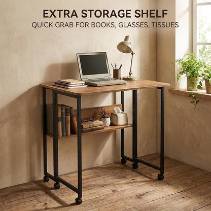 Mobile Foldable Computer Desk with Lockable Wheels & Fixed Foot Pads,Space Saving Folding Writing Gaming Table with Storage Shelf,Laptop Desk for Bedroom Small Apartment Office