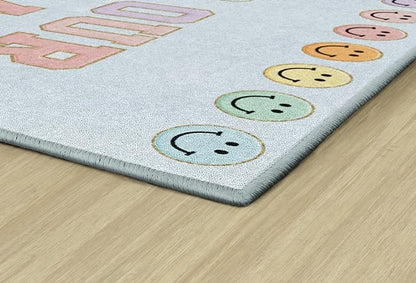 Flagship Carpets Schoolgirl Style This is Our Happy Place on Blue Educational Area Rug for Kids Room Seating Décor, Children's Classroom, Play Carpet for Teaching and Playroom, 5' x 7'6"