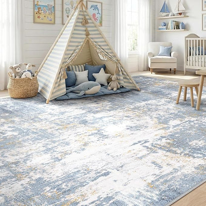 RELEANY Washable Area Rugs 9'x12' Non-Slip Modern Abstract Soft for Living Room Entryway Bedroom Kitchen, Print Pattern, Light Blue