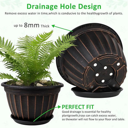 FGstyle 10 Inch Plants Pot,4 Pack Flower Pots,Planters Pot with Drainage Hole & Saucer,Modern Planters for Indoor Outdoor Plants,Decorative Resin Garden Pots for Outdoor Indoor Home Plants (Black)