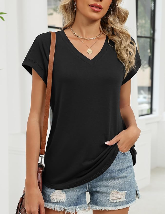 Rapbin Womens Summer Tops Women Blouses Dressy Casual V Neck T Shirts Short Sleeve Spring Tops for Women