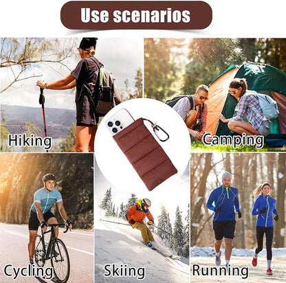 Lyreh Thermal Phone Pouch, Down Cotton Warm Phone Case Cover Bags Prevents Freezing & Overheating Protector Cellphone Pouch with Carabiner Ideal for Outdoor Camping Hiking Skiing (Brown)