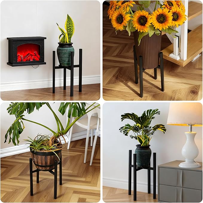Adjustable Metal Plant Stand Indoor, Mid Century Modern Outdoor Planter Holder for 9 to 15 Inch Pots, Heavy Duty 160 LB Load, Corner Floor Stand for Home Garden Decor Black with Round Plate