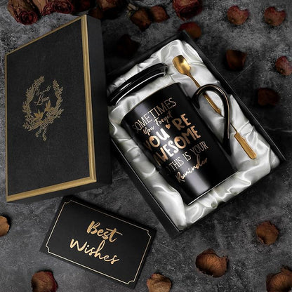 Anniversary Birthday Thank You Gifts for Men, 14oz Unique Black Ceramic Mug | Sometimes You Forget You're Awesome - Gold Print Inspirational Cup, Funny Valentines Day Presents for Boyfriend Husband Him