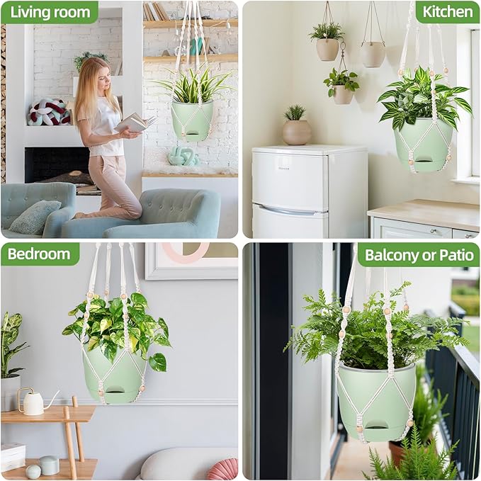 2-Pack 5.7-Inch Self-Watering Hanging Planters for Indoor & Outdoor Plants,34Inch Macrame Hanger Plant Pots Indoor with Drainage,Small Hanging Planters & Baskets,With Two Sets of Hooks（Pure green）