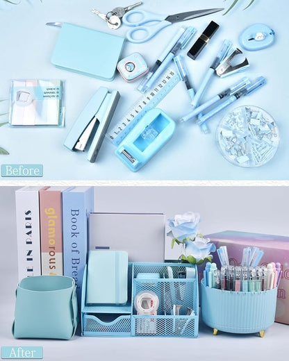 LXEVIHK 20Pcs Blue Desk Organizers and Accessories With Mesh Desk Organizer and 360°Rotating Pen Holder and a Lot of Office Blue Office Supplies Beautifully Presented in a Gift Box