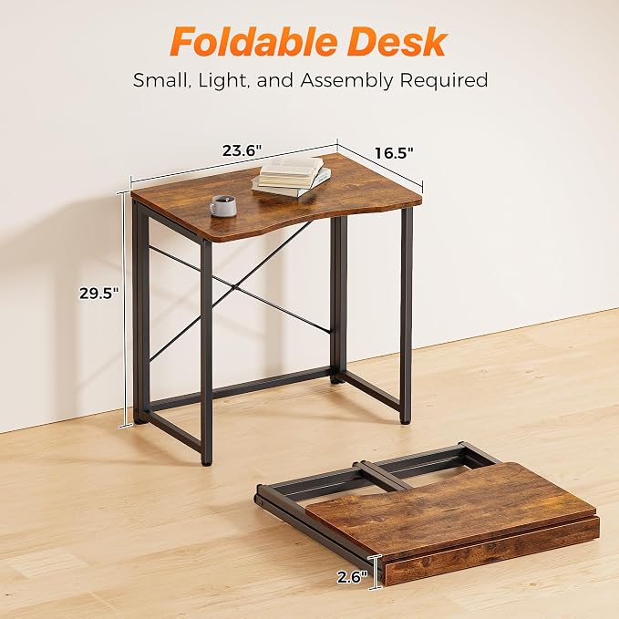 Huuger Folding Desk for Small Spaces, 31.5 Inch Foldable Computer Table, Easy Assembly, for Home Office, Study, Bedroom, Dorm, Space Saving, Small Writing Work Office Computer Desk, Rustic Brown