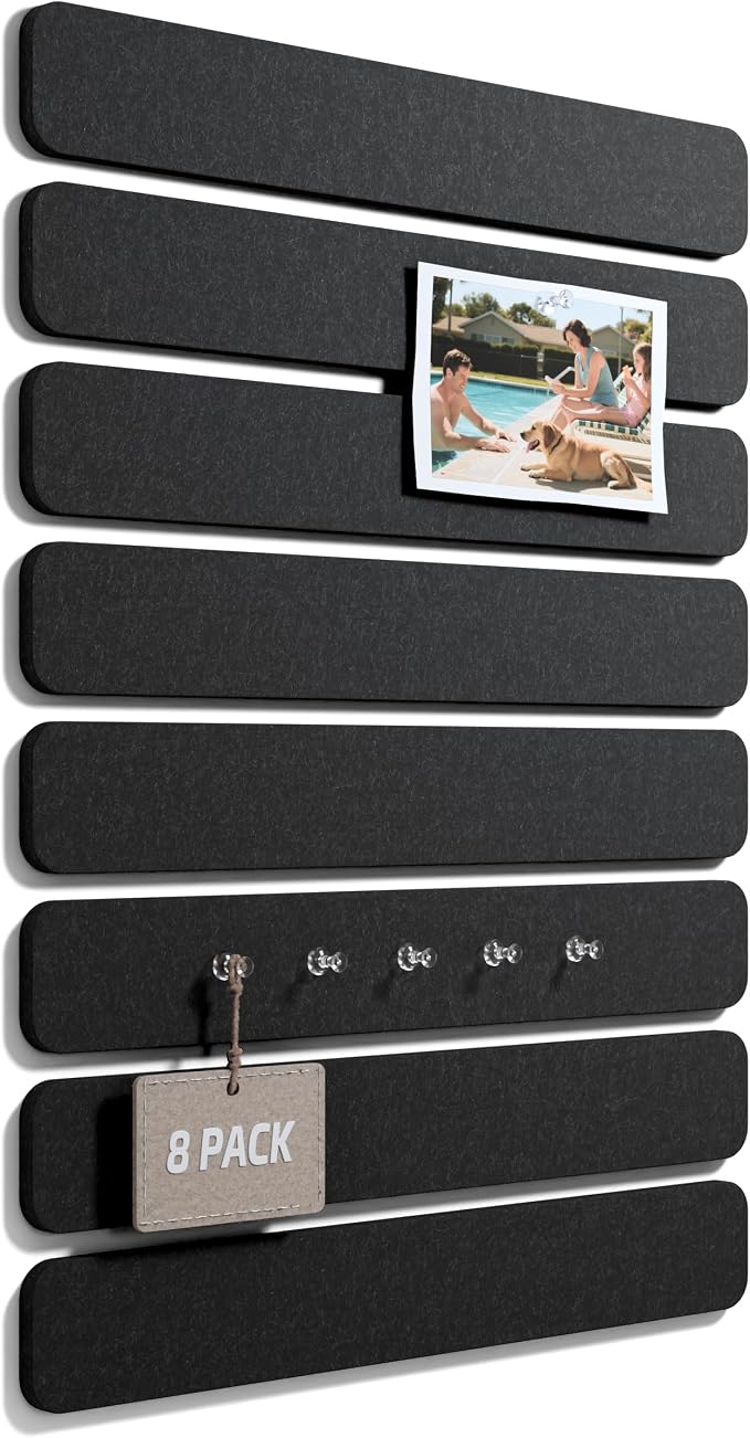 Fluxynara 13" x 2" Felt Wall Panels, Black | 8-Pack Includes 50 Push Pins and Adhesive Tabs for Photos, Notes and Decor in Bedroom Doors, Home Office or Studios
