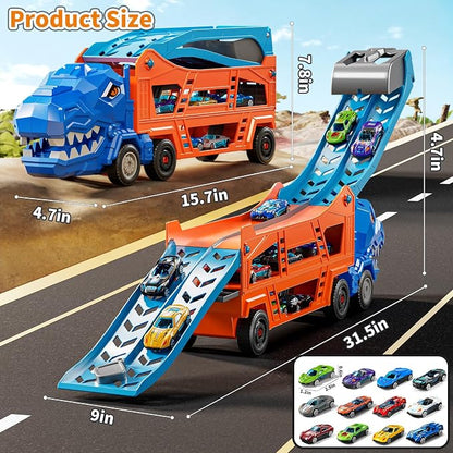 Race Track Truck Toys for 3 4 5 6 7 8 Years Old Boys, 2-Tier Storage Carrier Vehicle Playset with 12 Die-Cast Racing Car Toys, Car Ramps, Birthday Gifts for Toddlers Kids Girls Age 3-5 4-8