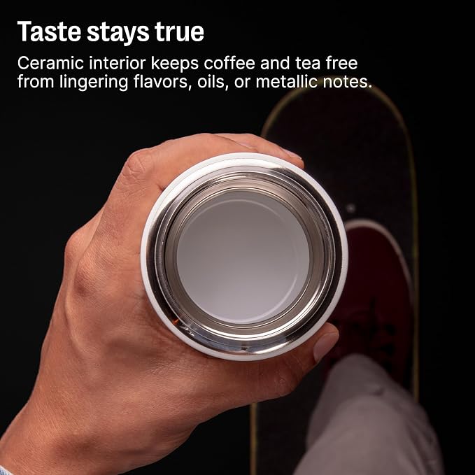 Fellow Carter Move 12oz Ceramic-Lined Coffee Travel Mug - Vacuum-Insulated Stainless Steel Tumbler, No Metallic Taste, Leak-Proof, Hot 12Hr Cold 24Hr, Dishwasher Safe, BPA-Free, Matte White