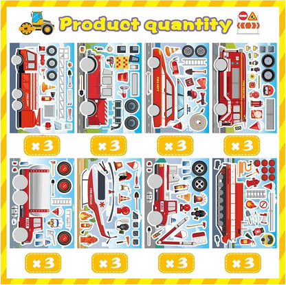 24 Sheets Truck Stickers for Kids, Make a face Sticker, Make Your Own Fire Truck Stickers with 8 Designs Fire Themed Truck for Kindergarten Birthday Gift Classroom Fire Party Favors