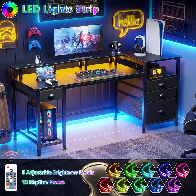 Furologee 60" Black Computer Desk with 4 Drawers and Printer Space, Gaming Desk with LED Lights and USB Power Outlets, Home Office Desk with Fabric File Cabinet,Study Work Table with Shelf for Bedroom