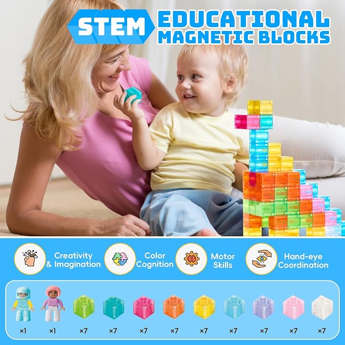 VigorFun Magnetic Blocks Set, Magnet Building Blocks with Toy Figurine and Storage Bag for Kids Gifts, STEM Educational Preschool Sensory Toys for Toddlers Boys Girls Ages 3-12(Transparent)