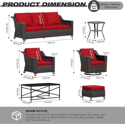 Joyside Wicker Patio Furniture Sets, 6 Pieces Upgraded Large Size Outdoor Furniture with Swivel Rocking Patio Chairs, Outdoor Ottoman, 3-Seat Sofa and Side Table, Thick Cushions, Wide Armrest