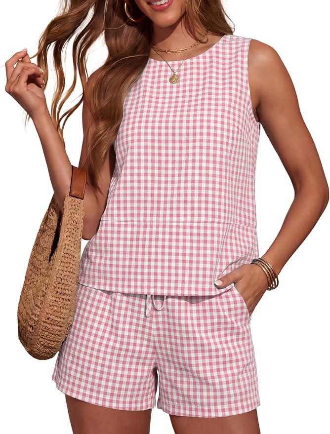 LOMON Women's Trendy 2 Piece Outfits Shorts Sets Summer Crew Neck Sleeveless Tank Top and Bottom Matching with Pockets 2026
