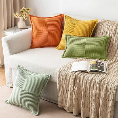 MIULEE Spring Decorative Throw Pillow Covers for Couch Bed Livingroom 20x20 Inch Set of 2 Green Boho Accent Throw Pllows Broadside Striped Patchwork Soft Corduroy Summer Pillowcases