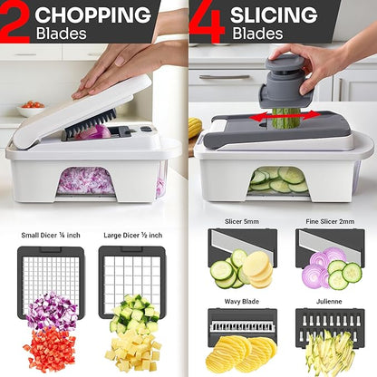 Mueller Pro-Series All-in-One, 12 Blade Mandoline Slicer for Kitchen | Spiralizer, Food Chopper, Vegetable Slicer, Cutter, Dicer, Grater, Kitchen Gadgets with Container, White Sand/Gray
