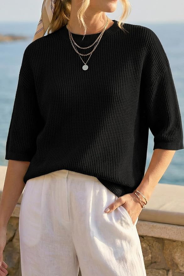 Arach&Cloz Womens Summer 100% Cotton Oversized Crochet Tops 3/4 Length Sleeve Sweater Hollow Out Casual Blouses 2026